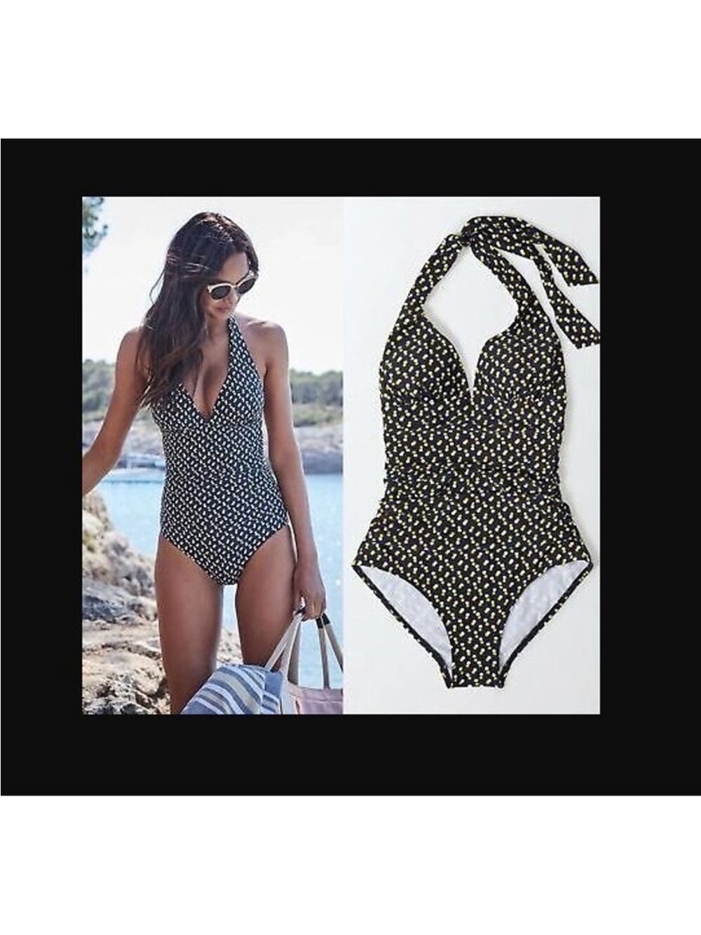 Boden navy Halter One-Piece with Tiny Yellow dot print